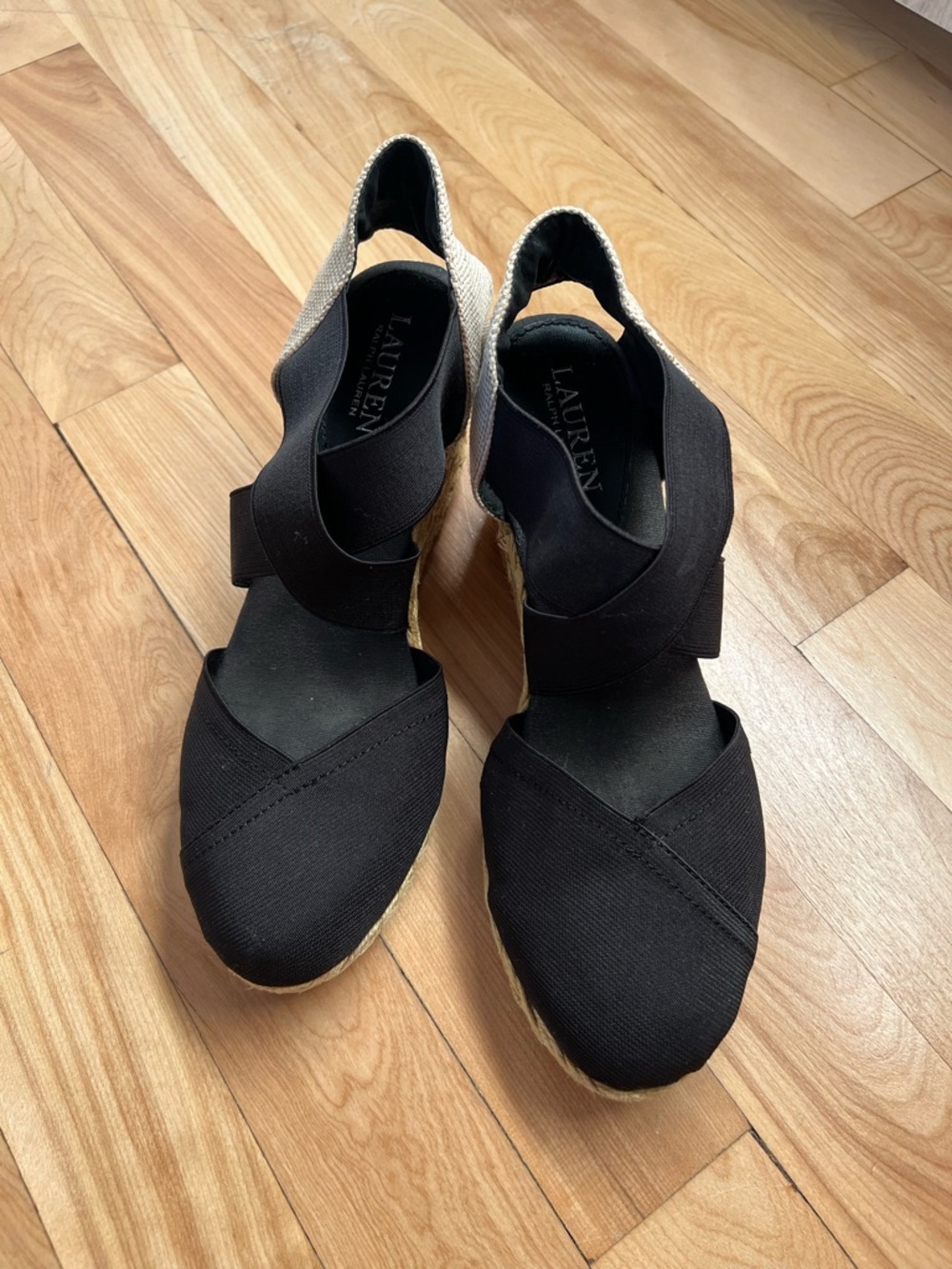 Ralph Lauren Black Espadrille Wedge with Natural Heel Size 10B - Picture 3 of 10